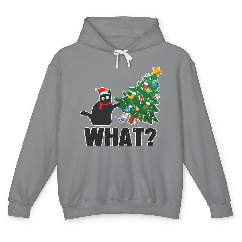 Black Cat Pushing Christmas Tree What Xmas Lights Santa Hat Unisex Lightweight Hoodie