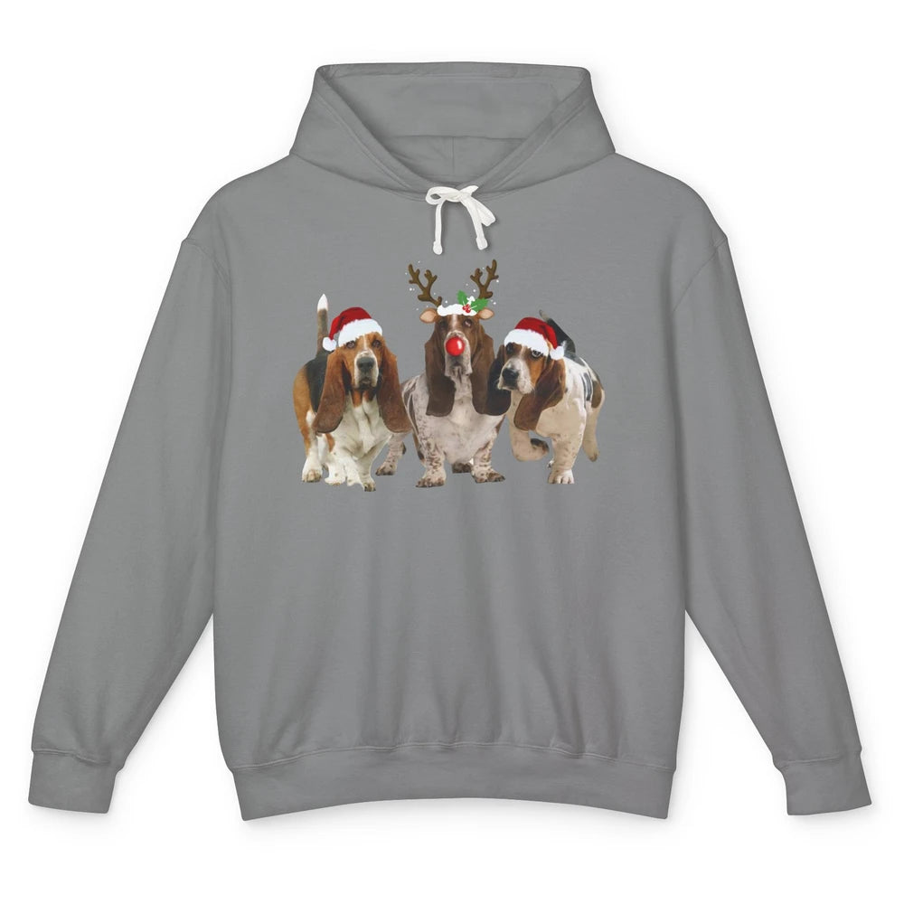 Basset Hound Santa Hats And Reindeer Horns Christmas Dog Mom Unisex Lightweight Hoodie