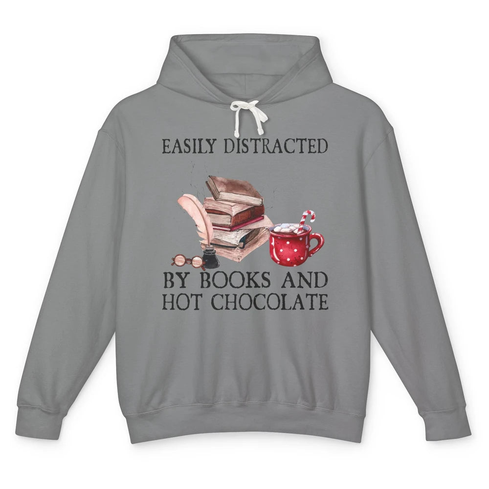 Retro Easily Distracted By Books And Hot Chocolate Christmas Unisex Lightweight Hoodie