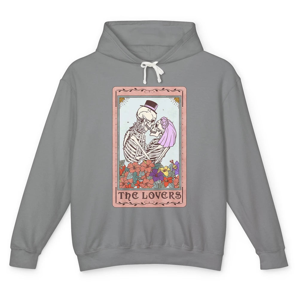 The Lovers Funny Skeleton Couple Tarot Card Vintage Valentine Astrology Goth Skull Lover Floral Heart Unisex Lightweight Hoodie