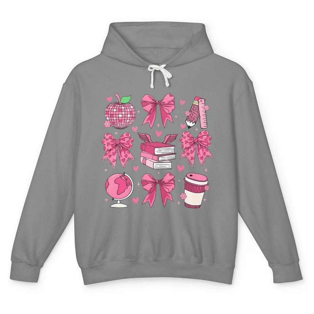 Cute Set Of Bows Coquette Coffee Apple Pink Valentine's Day Love Leopard Heart Back To School Latte Book Teacher Students Unisex Lightweight Hoodie