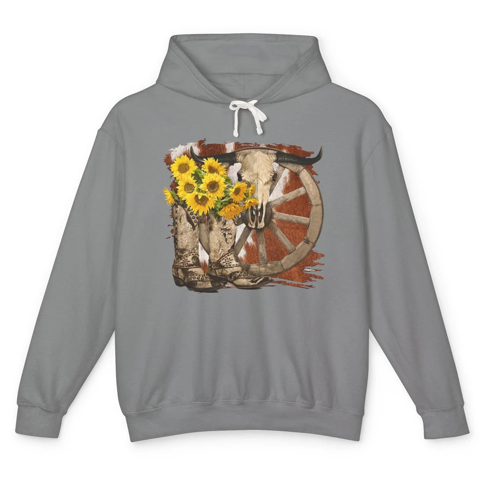 Retro Sunflower Cowgirl Boots Cow Skull Western Country Girl Unisex Lightweight Hoodie