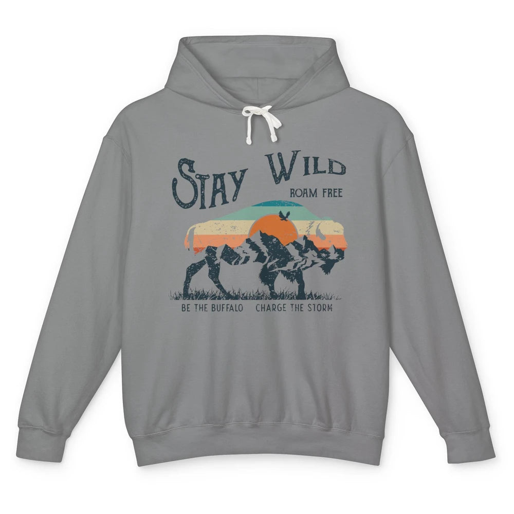 Retro Buffalo Mountain Sunset Stay Wild Roam Free Western Unisex Lightweight Hoodie