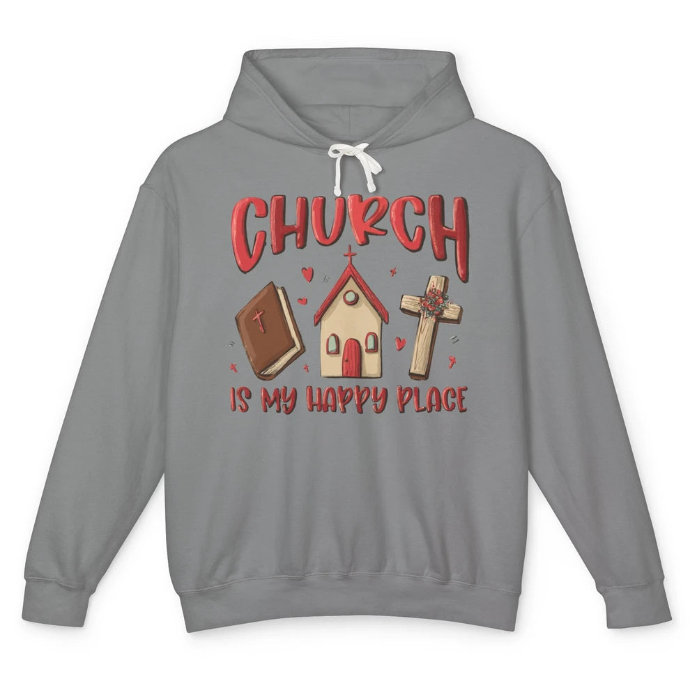 Retro Christmas Church Is My Happy Place Christian Hand Draw Unisex Lightweight Hoodie