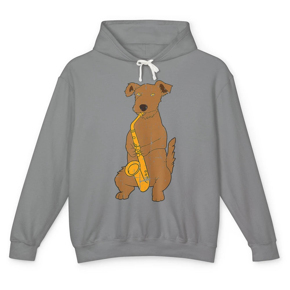 Funny Dog Vintage Jazz Puppy Musician Musical Note Saxophone Unisex Lightweight Hoodie