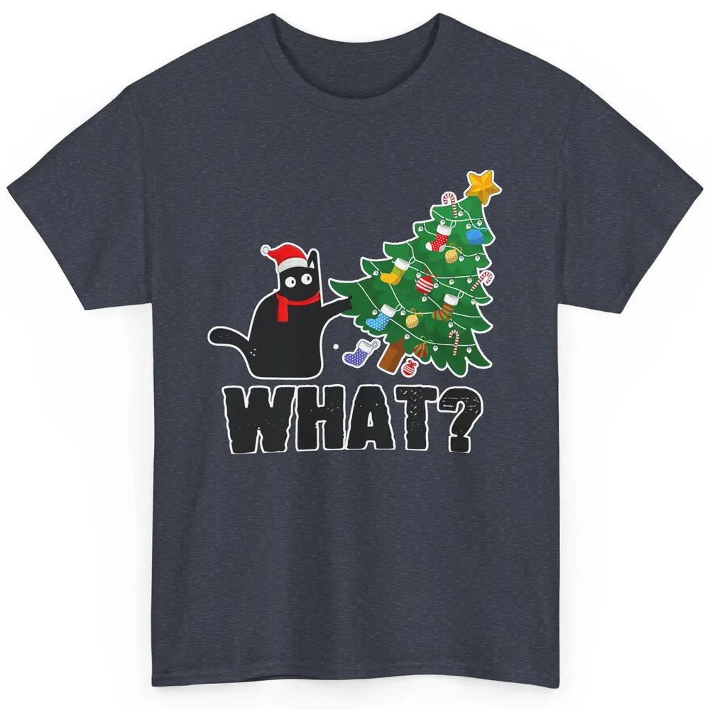 Black Cat Pushing Christmas Tree What Xmas Lights Santa Hat Classic Unisex T-Shirt