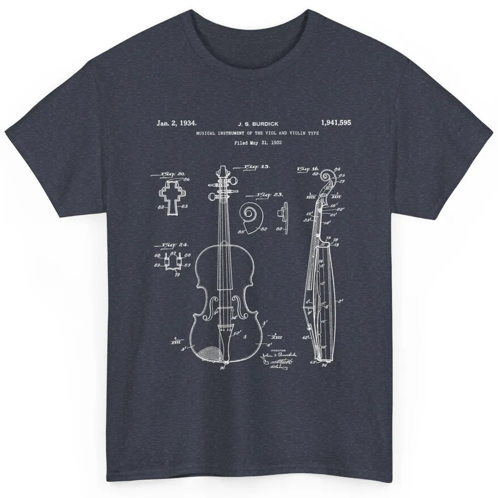 Vintage Patent Drawing Print Violin Player Retro Violinist Classic Unisex T-Shirt