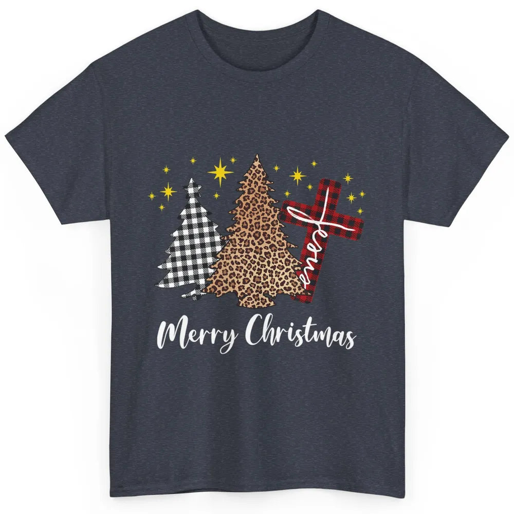 Merry Christmas Xmas Tree Cross Red Plaid Christian Leopard Classic Unisex T-Shirt