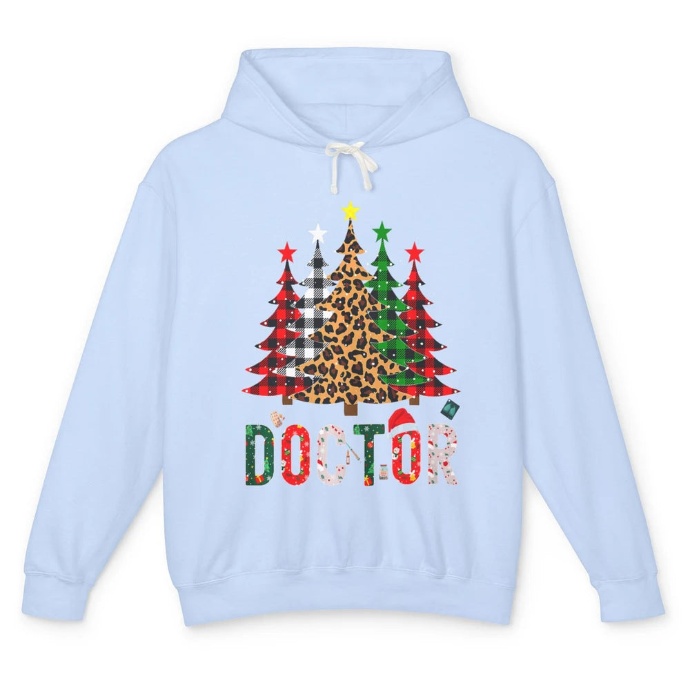 Merry Christmas Doctor Leopard Buffalo Plaid Xmas Pine Tree Unisex Lightweight Hoodie