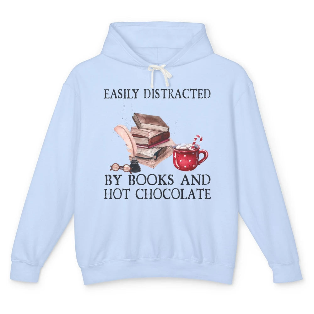 Retro Easily Distracted By Books And Hot Chocolate Christmas Unisex Lightweight Hoodie