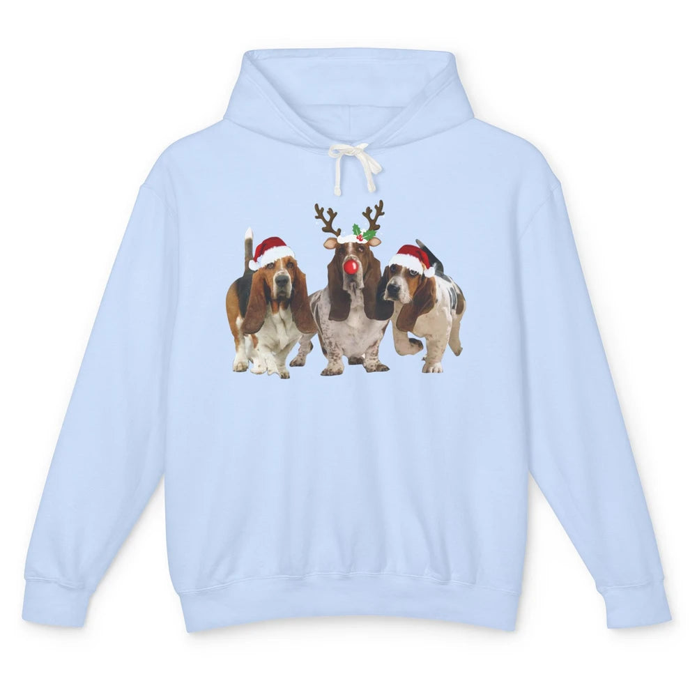 Basset Hound Santa Hats And Reindeer Horns Christmas Dog Mom Unisex Lightweight Hoodie