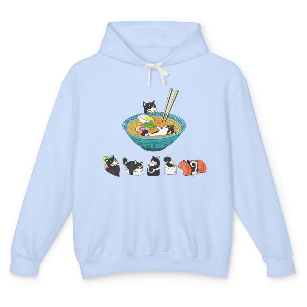 Funny Black Shiba Inu Sushi Ramen Bowl Japanese Kawaii Dog Unisex Lightweight Hoodie