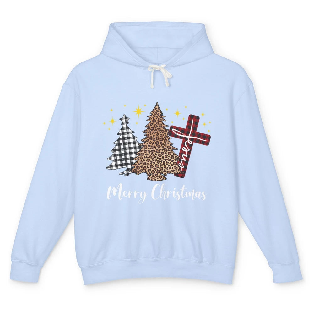 Merry Christmas Xmas Tree Cross Red Plaid Christian Leopard Unisex Lightweight Hoodie