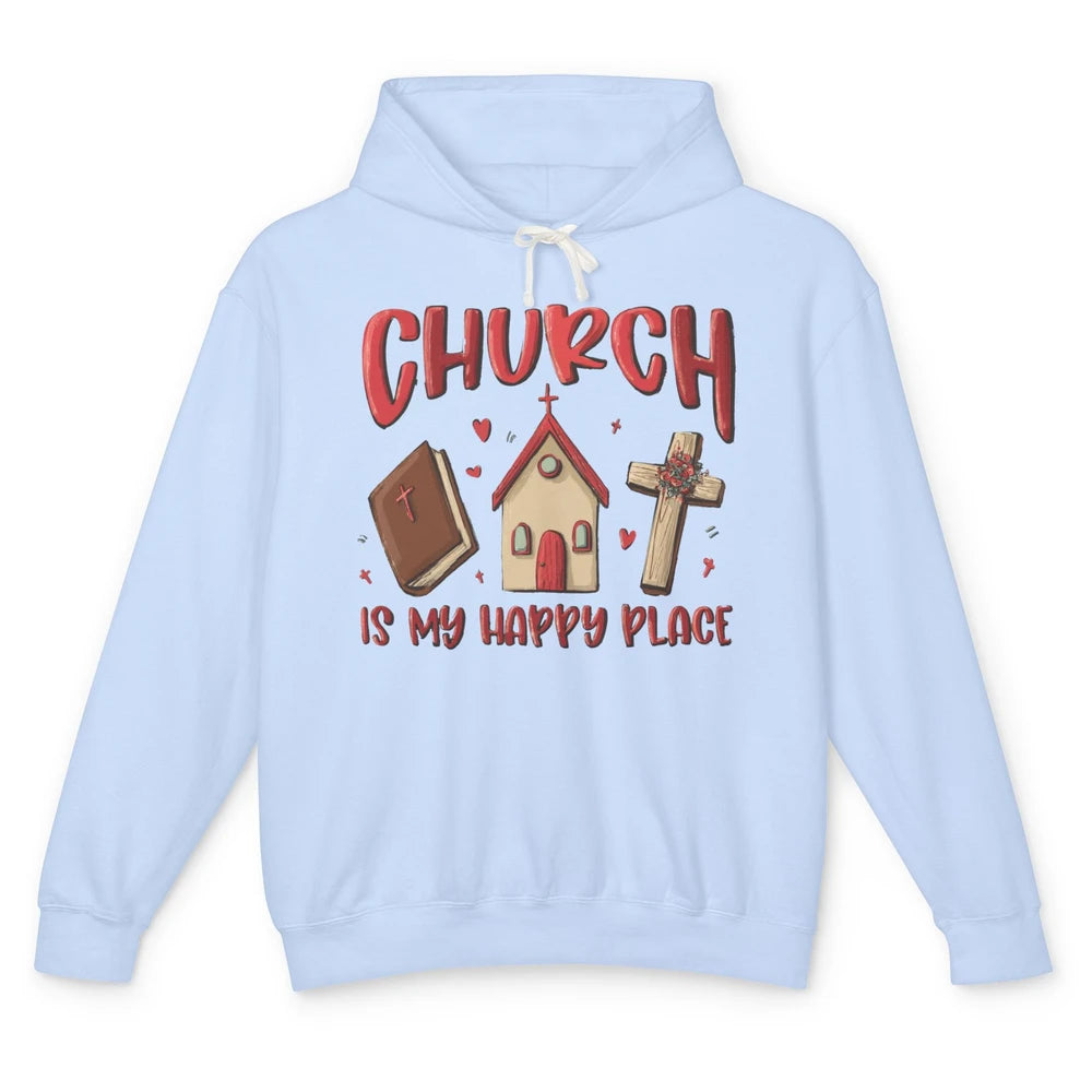 Retro Christmas Church Is My Happy Place Christian Hand Draw Unisex Lightweight Hoodie