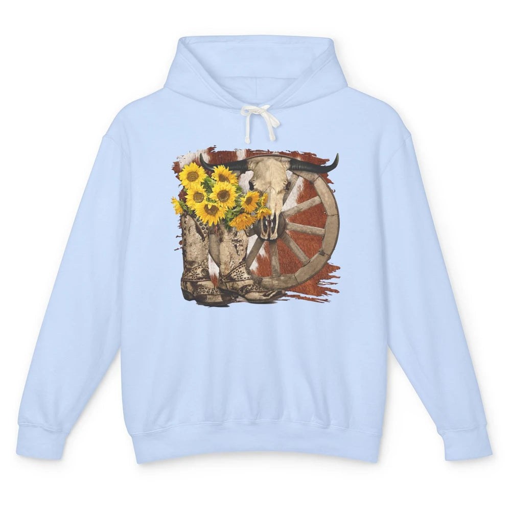 Retro Sunflower Cowgirl Boots Cow Skull Western Country Girl Unisex Lightweight Hoodie