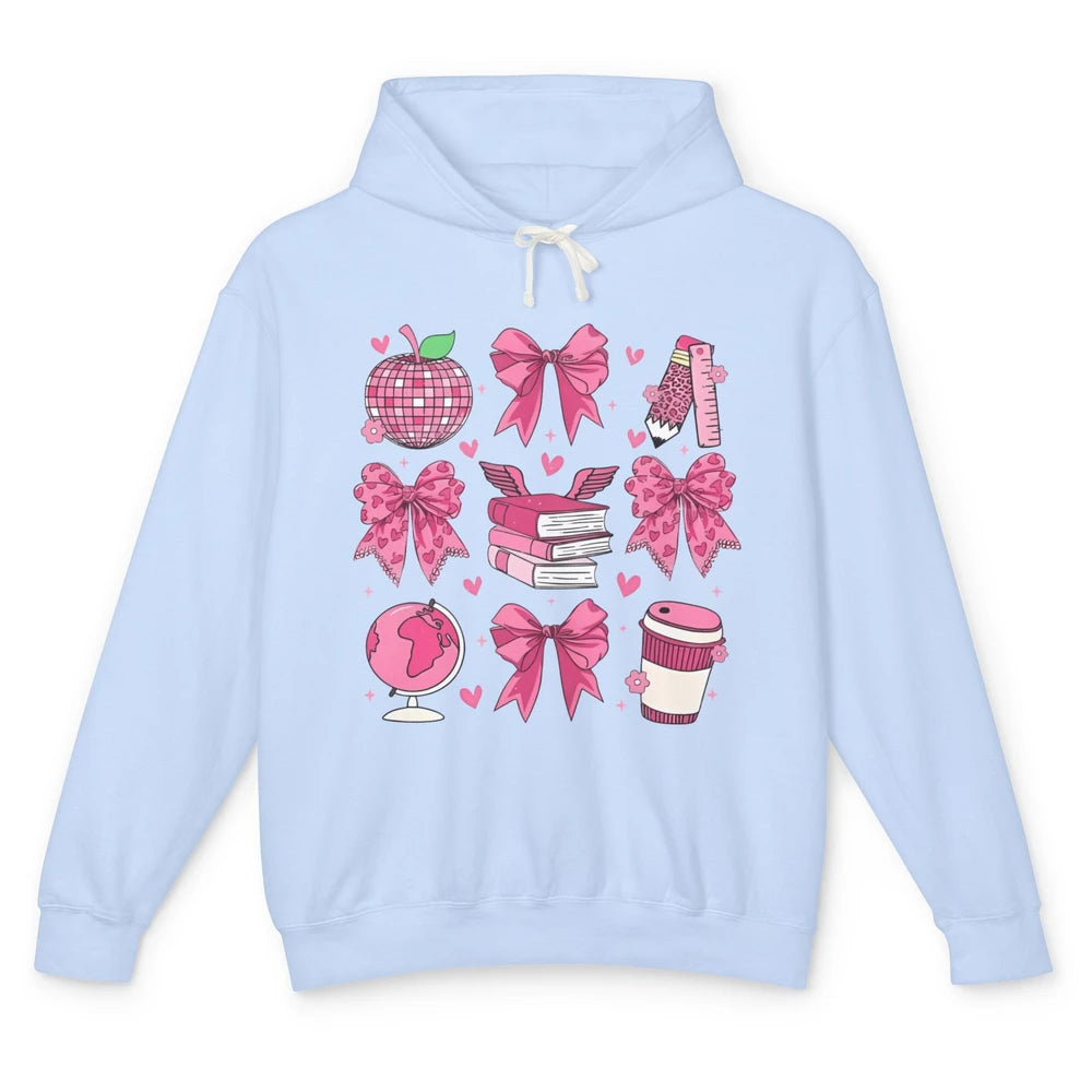 Cute Set Of Bows Coquette Coffee Apple Pink Valentine's Day Love Leopard Heart Back To School Latte Book Teacher Students Unisex Lightweight Hoodie