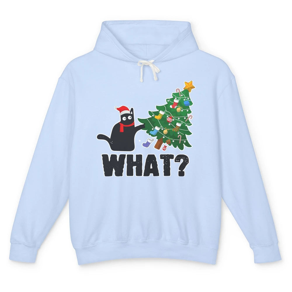 Black Cat Pushing Christmas Tree What Xmas Lights Santa Hat Unisex Lightweight Hoodie