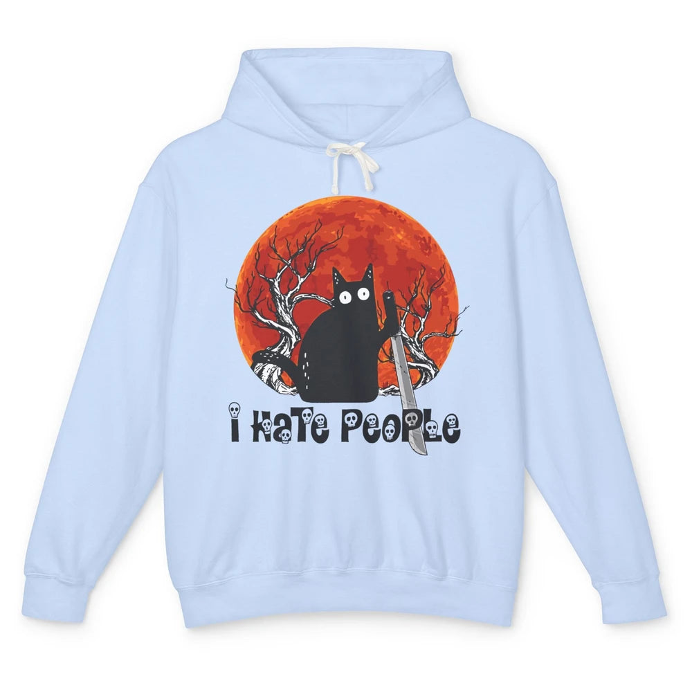 Black Cat Murderer I Hate People Pumpkin Halloween Costume Unisex Lightweight Hoodie