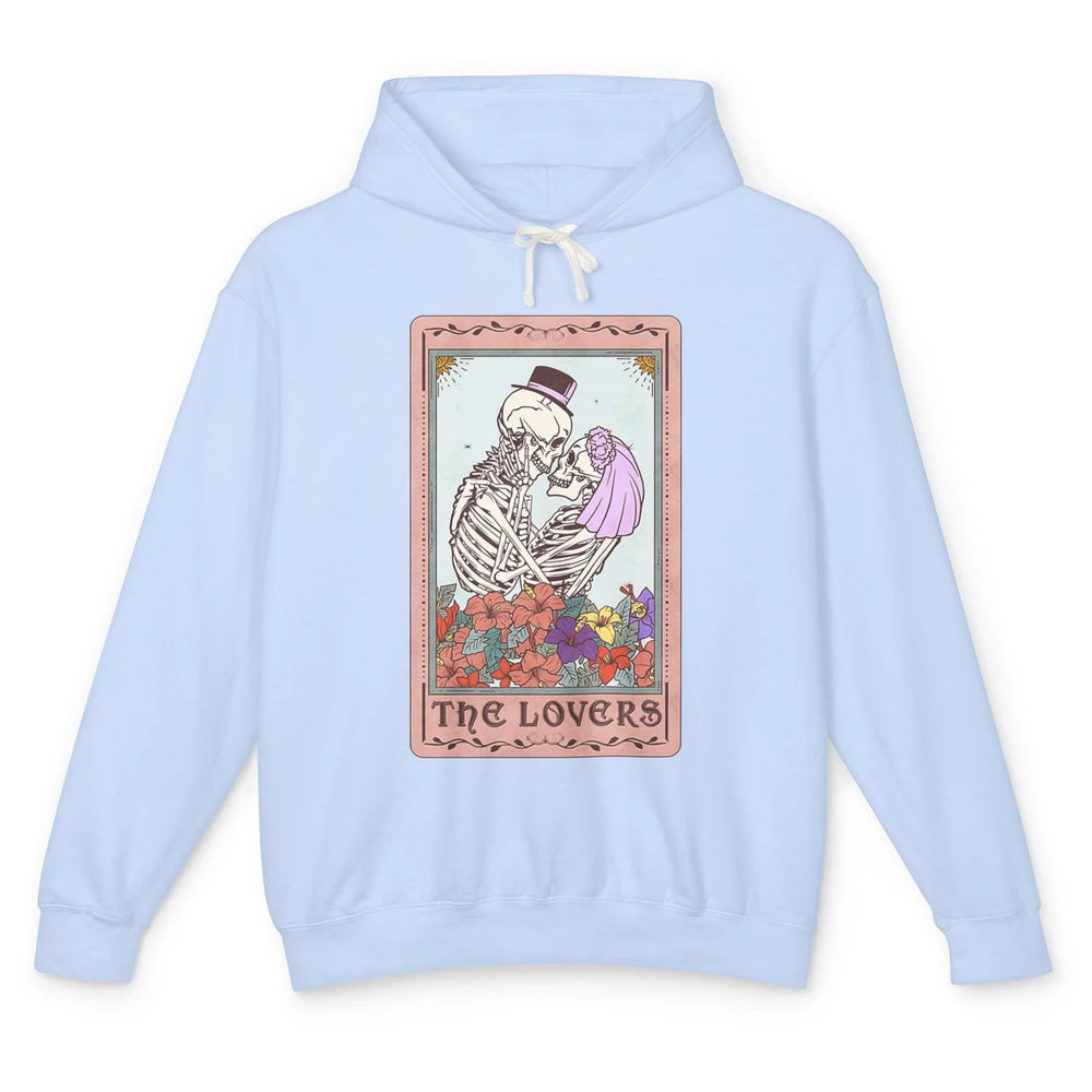 The Lovers Funny Skeleton Couple Tarot Card Vintage Valentine Astrology Goth Skull Lover Floral Heart Unisex Lightweight Hoodie