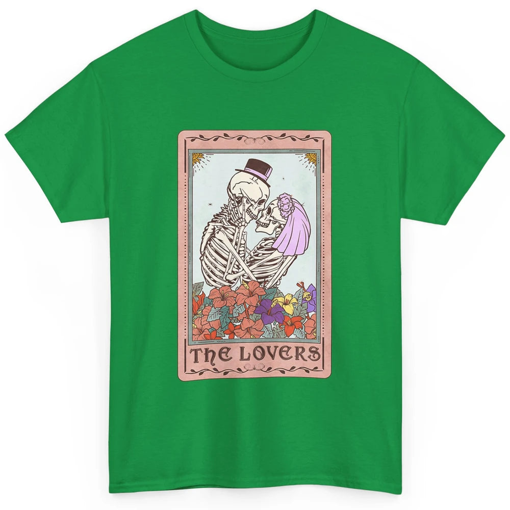 The Lovers Funny Skeleton Couple Tarot Card Vintage Valentine Astrology Goth Skull Lover Floral Heart Classic Unisex T-Shirt