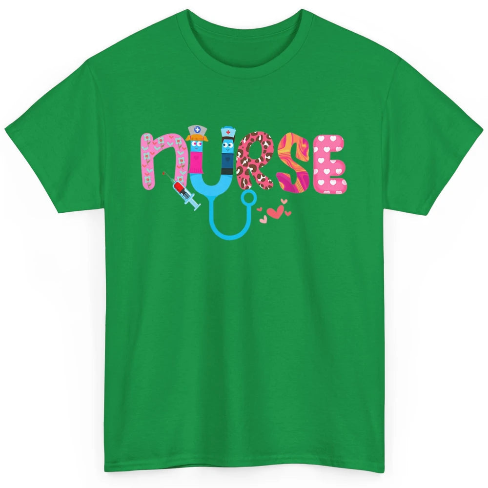 Nurse Happy Valentine's Day Love ER ICU NICU Emergency Nursing Leopard Stethoscope Love Needles Classic Unisex T-Shirt