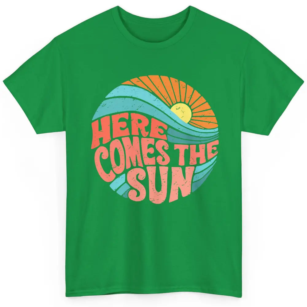 Retro Rainbow Sunrise Here Comes The Sun Hippie Girl Classic Unisex T-Shirt