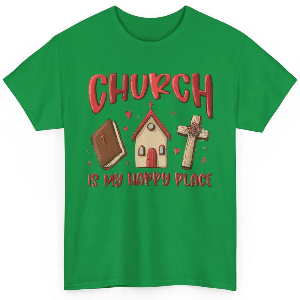 Retro Christmas Church Is My Happy Place Christian Hand Draw Classic Unisex T-Shirt
