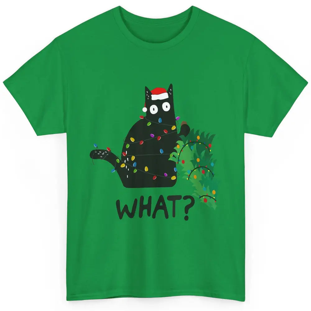 Black Cat Pushing Christmas Tree What Xmas Lights Santa Hat Classic Unisex T-Shirt