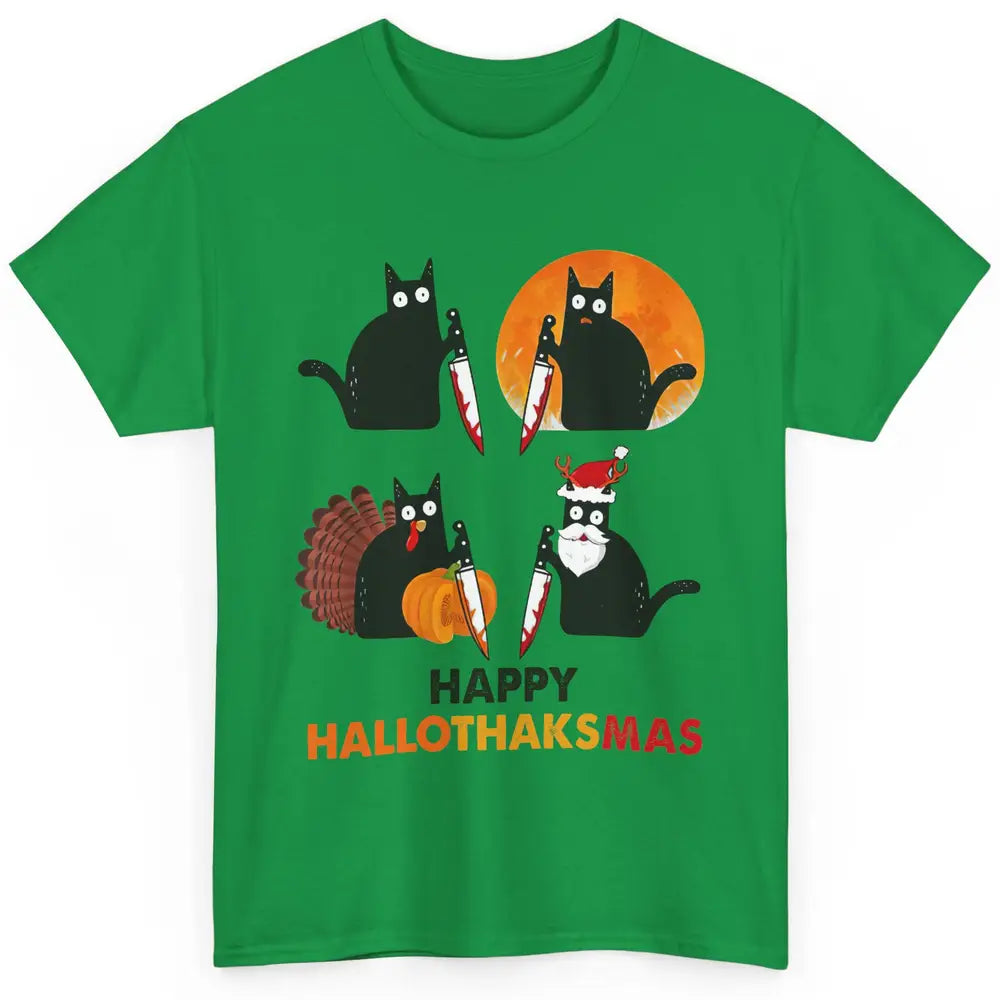 Funny Murderous Cat Turkey Hallo-thank-mas Thanksgiving Xmas Classic Unisex T-Shirt