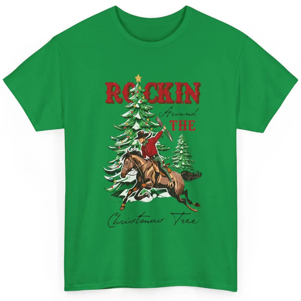 Retro Horsing Cowboy Rocking Around Christmas Tree Western Classic Unisex T-Shirt