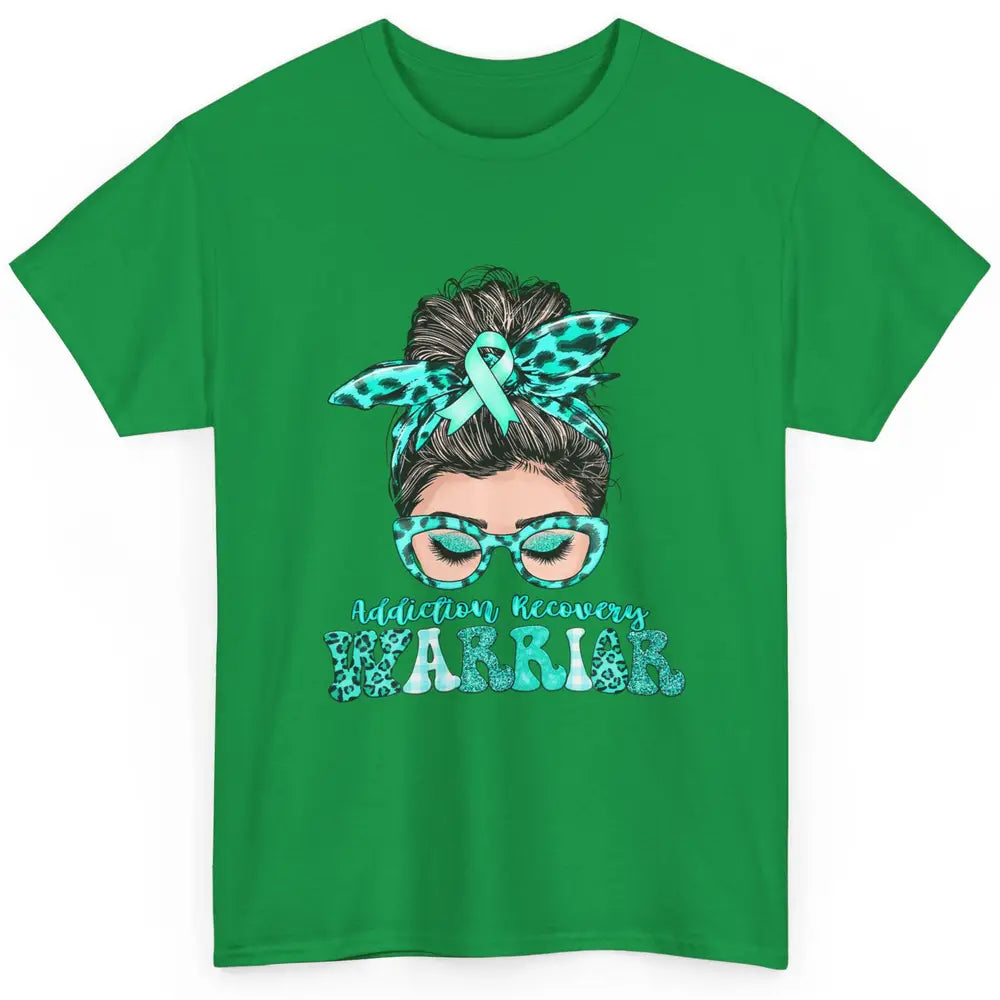 Addiction Recovery Awareness Warrior Leopard Messy Hair Bun Classic Unisex T-Shirt