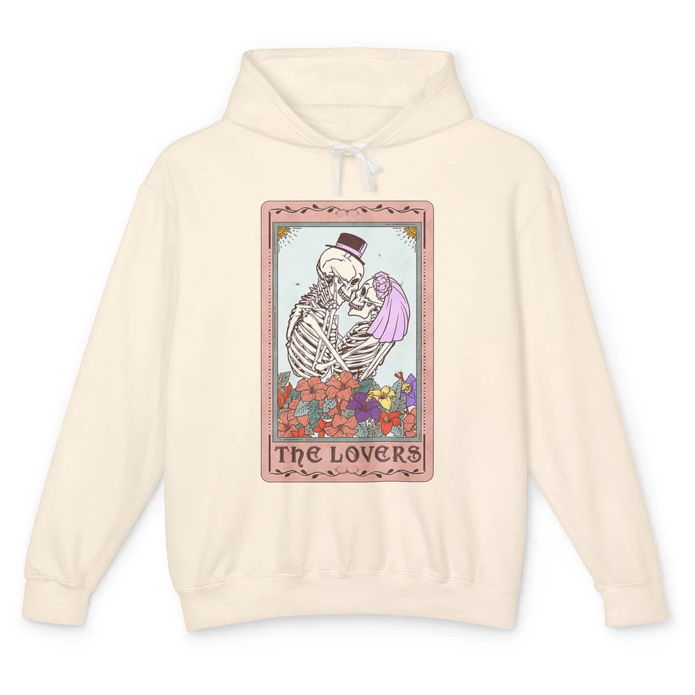 The Lovers Funny Skeleton Couple Tarot Card Vintage Valentine Astrology Goth Skull Lover Floral Heart Unisex Lightweight Hoodie