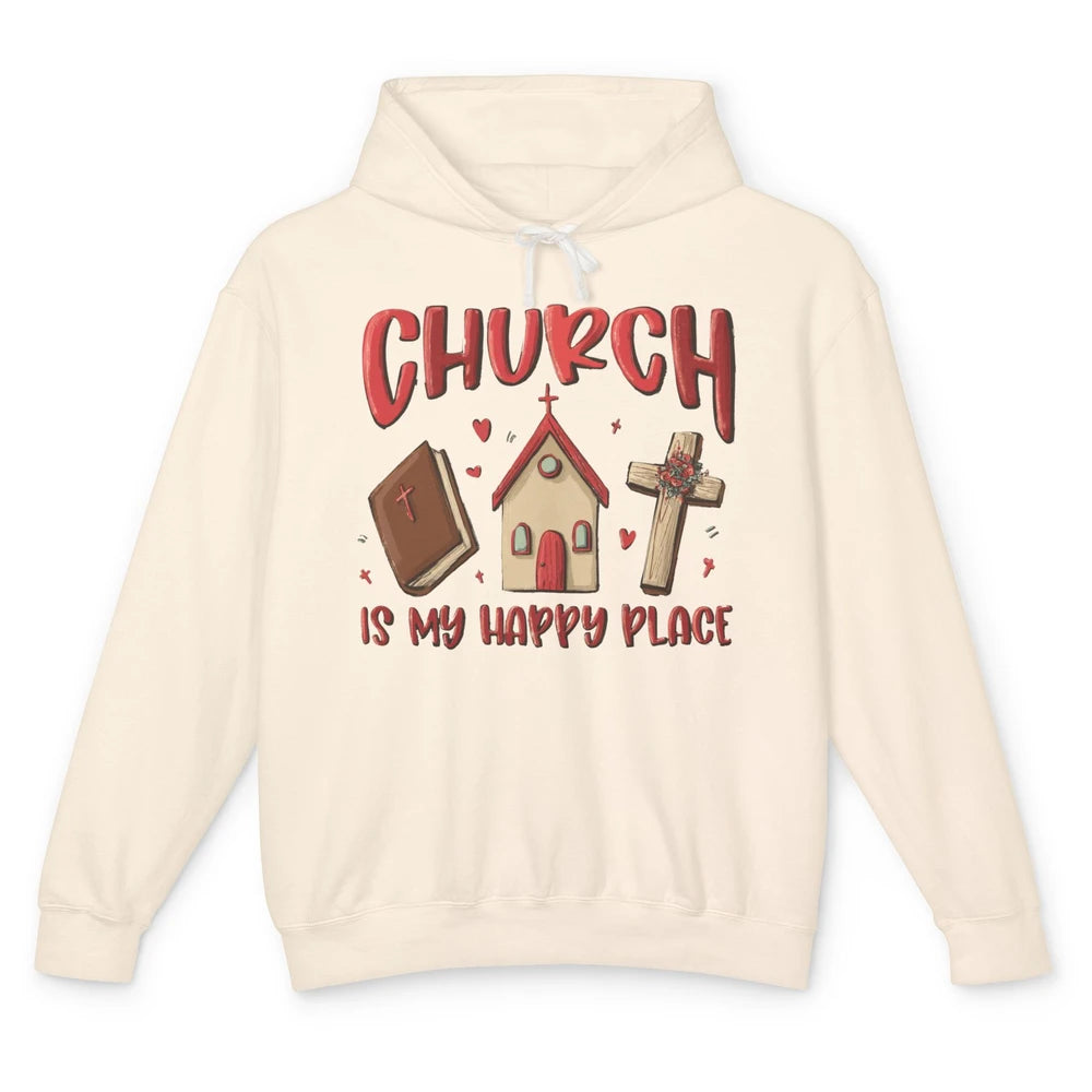 Retro Christmas Church Is My Happy Place Christian Hand Draw Unisex Lightweight Hoodie