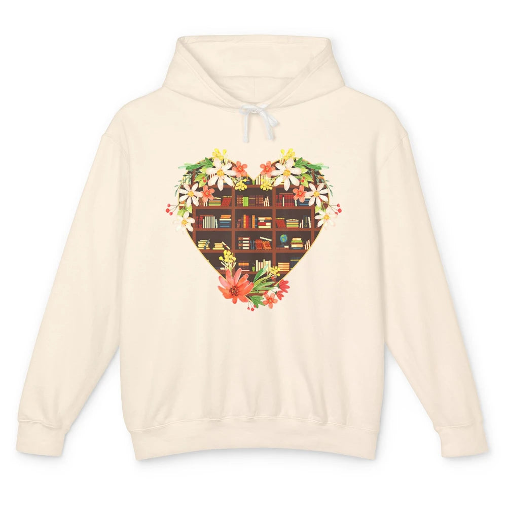 Bookshelf Heart Reading Book Floral Librarian Library Books Unisex Lightweight Hoodie