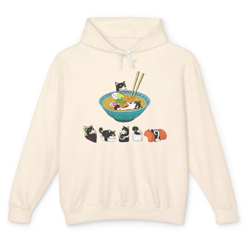 Funny Black Shiba Inu Sushi Ramen Bowl Japanese Kawaii Dog Unisex Lightweight Hoodie