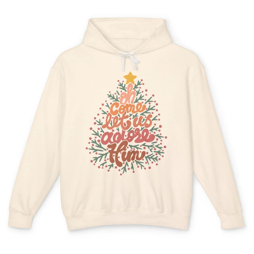 Retro Christmas Tree Oh Come Let Us Adore Him Groovy Xmas Unisex Lightweight Hoodie