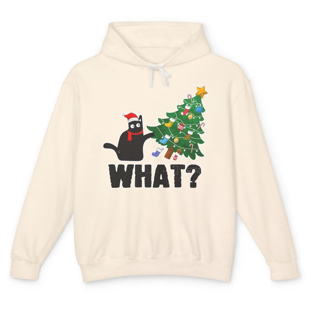 Black Cat Pushing Christmas Tree What Xmas Lights Santa Hat Unisex Lightweight Hoodie