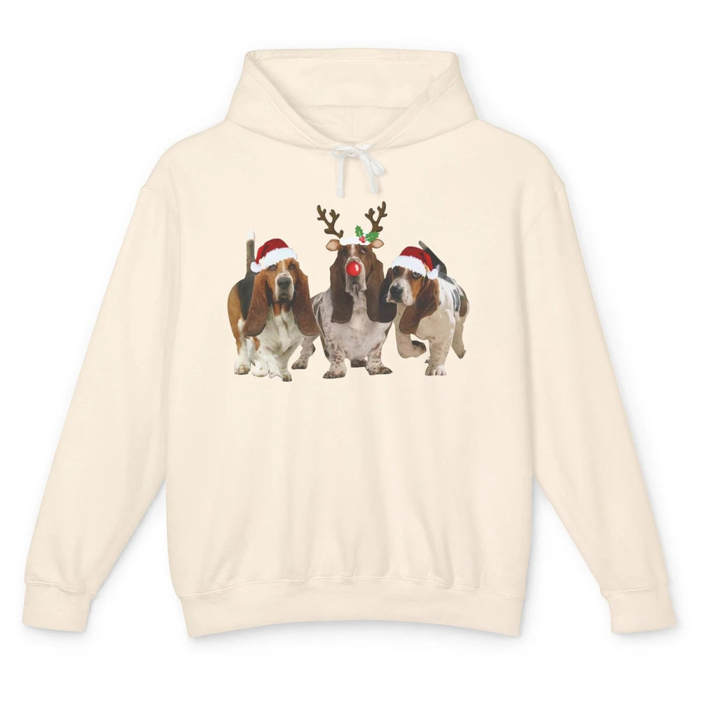 Basset Hound Santa Hats And Reindeer Horns Christmas Dog Mom Unisex Lightweight Hoodie