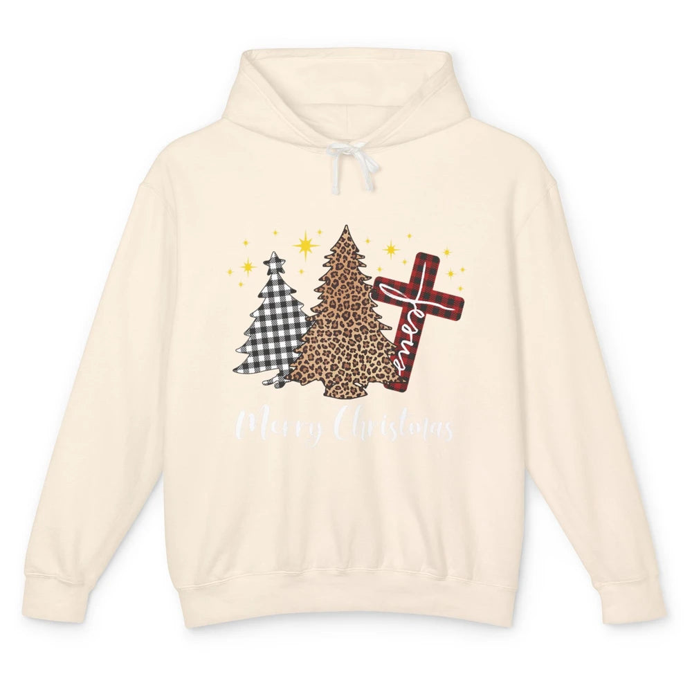 Merry Christmas Xmas Tree Cross Red Plaid Christian Leopard Unisex Lightweight Hoodie