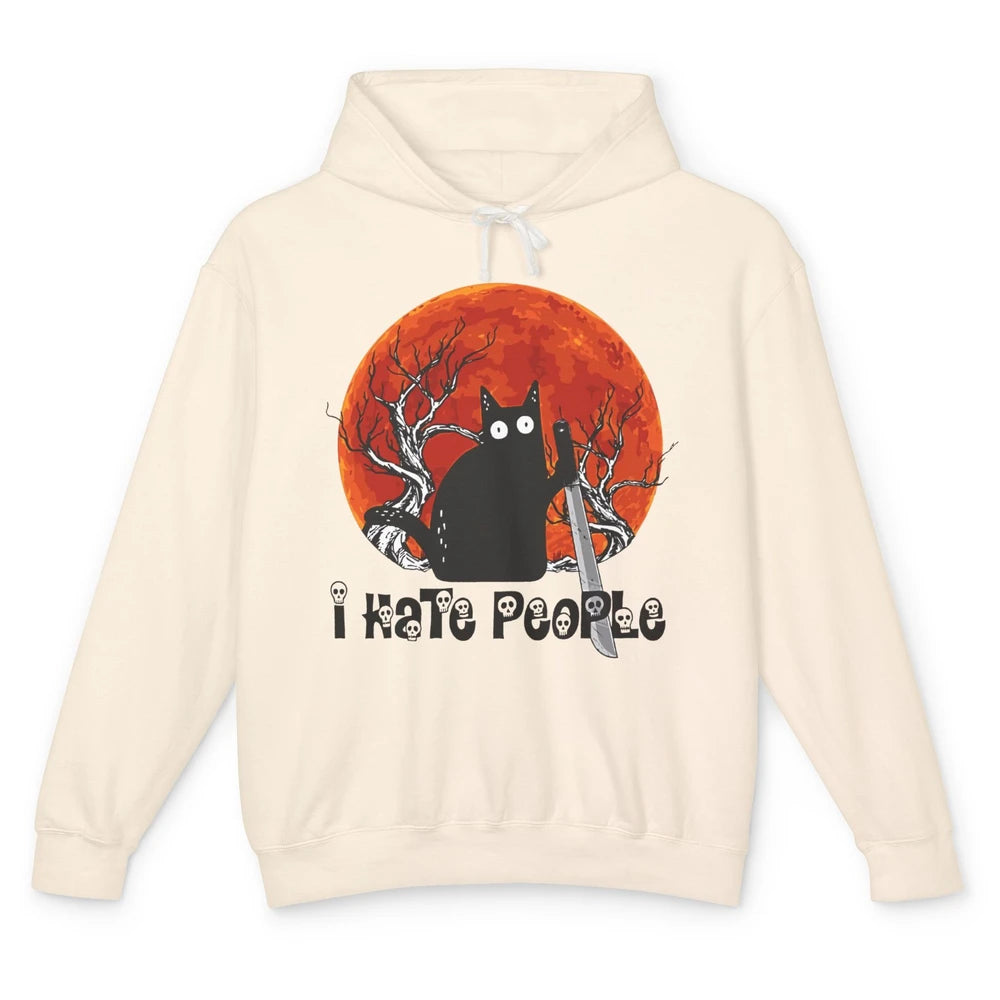 Black Cat Murderer I Hate People Pumpkin Halloween Costume Unisex Lightweight Hoodie