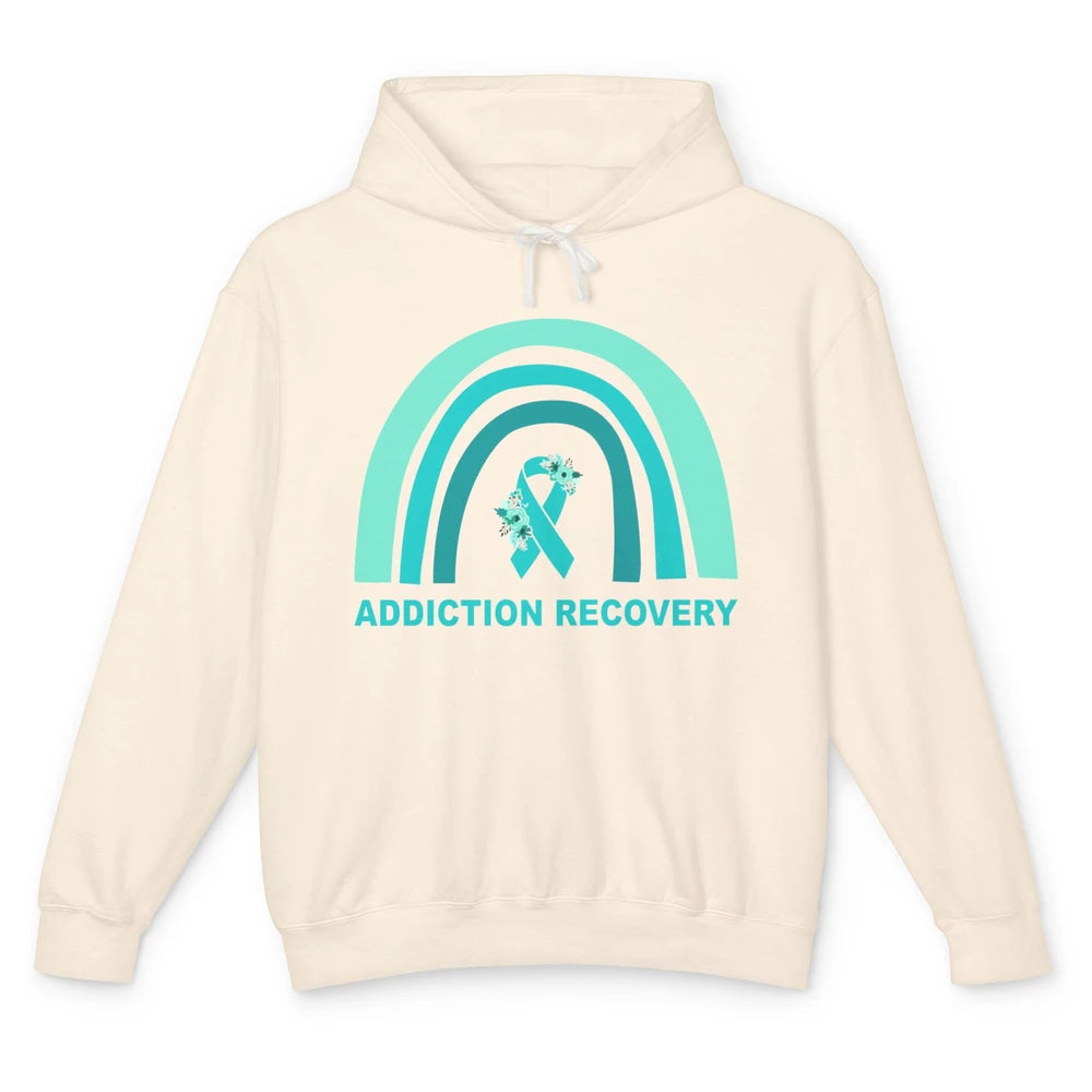 Addiction Recovery Awareness Floral Teal Ribbon Rainbow Unisex Lightweight Hoodie