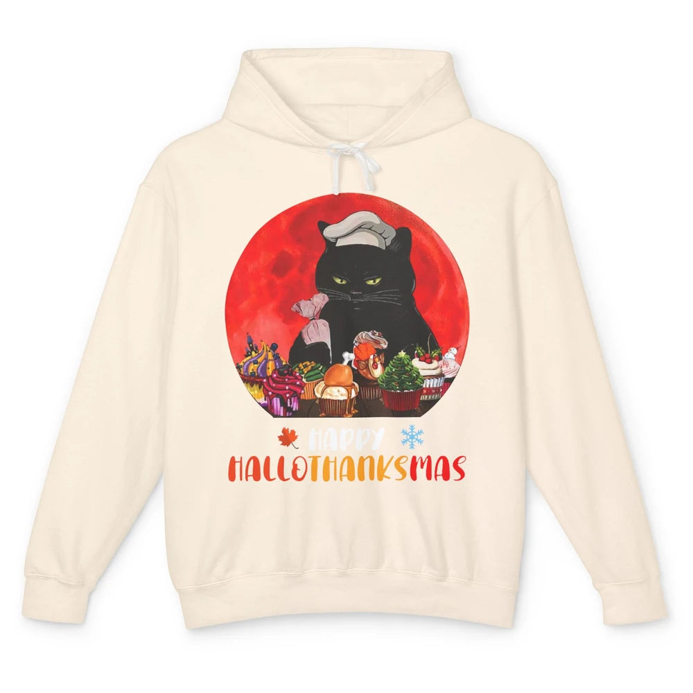 Black Cat Happy Hallothanksmas Baker Cat Halloween Christmas Unisex Lightweight Hoodie