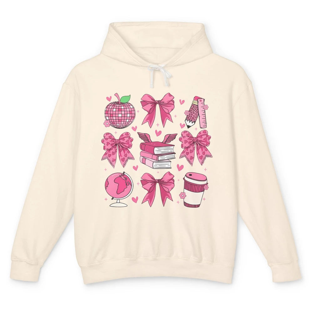 Cute Set Of Bows Coquette Coffee Apple Pink Valentine's Day Love Leopard Heart Back To School Latte Book Teacher Students Unisex Lightweight Hoodie