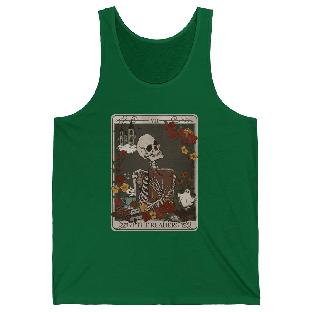 Retro Skeleton Reading Books The Reader Tarot Card Halloween Unisex Jersey Tank