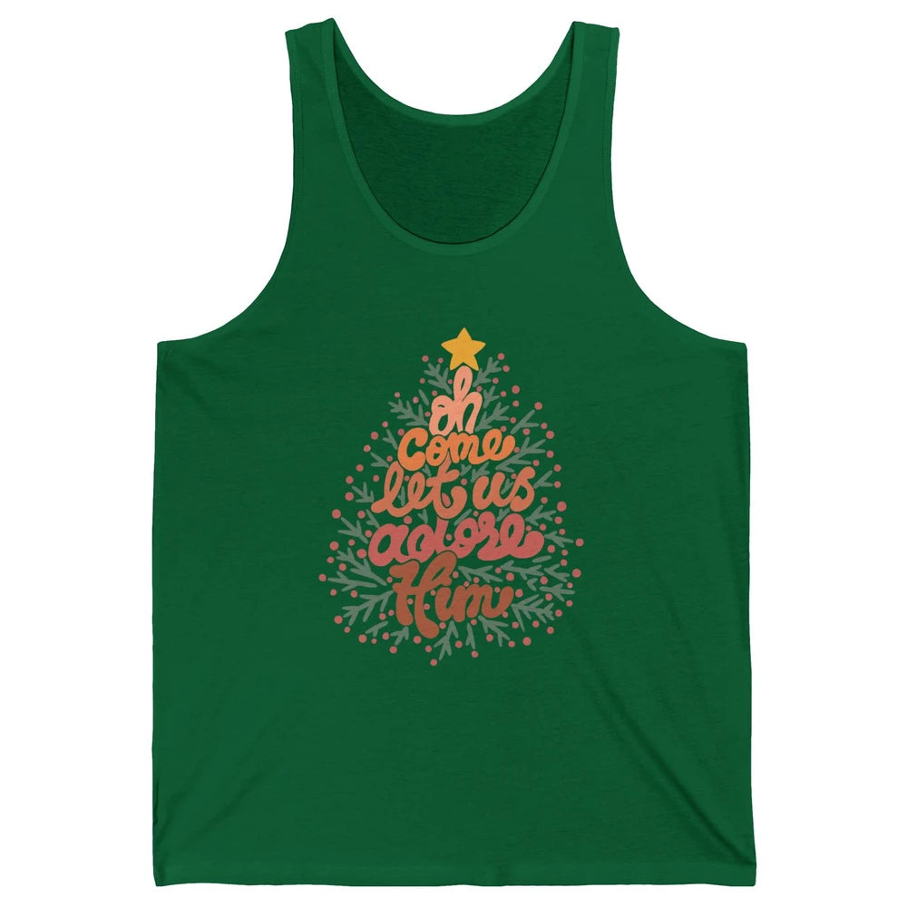 Retro Christmas Tree Oh Come Let Us Adore Him Groovy Xmas Unisex Jersey Tank