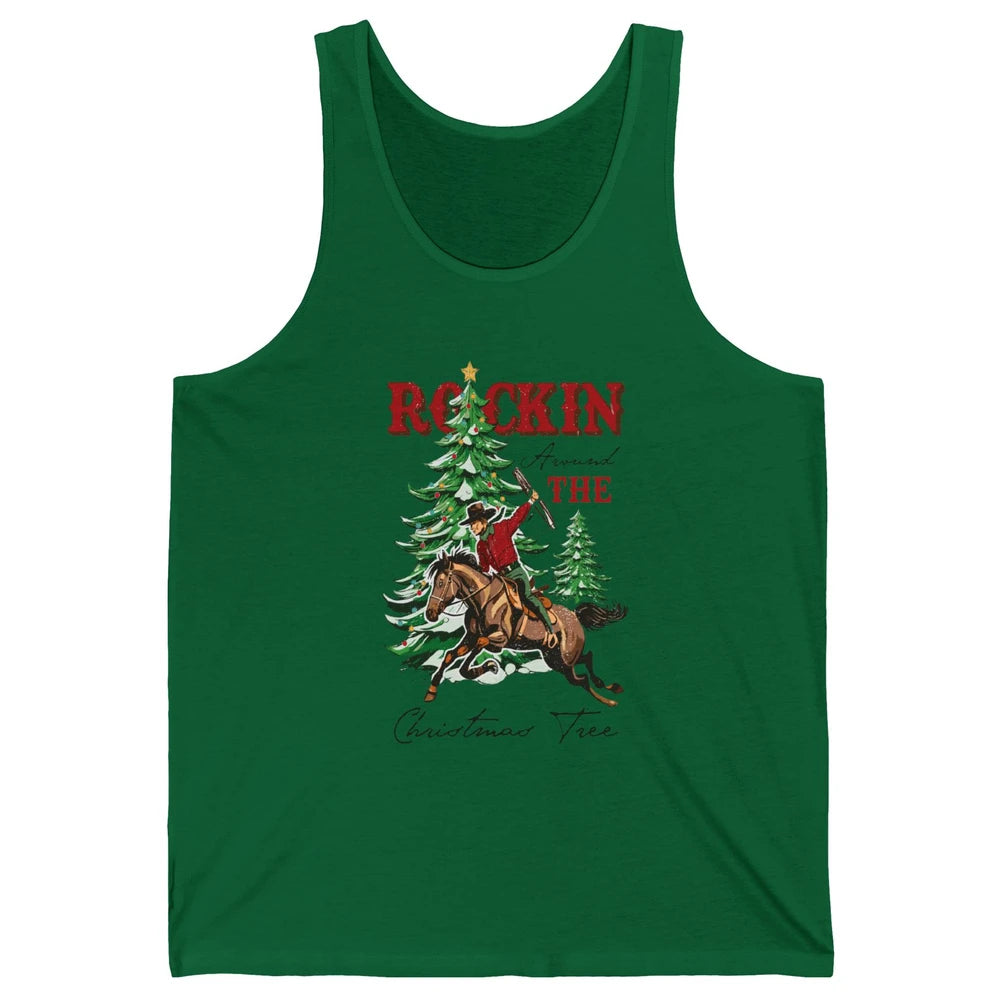 Retro Horsing Cowboy Rocking Around Christmas Tree Western Unisex Jersey Tank