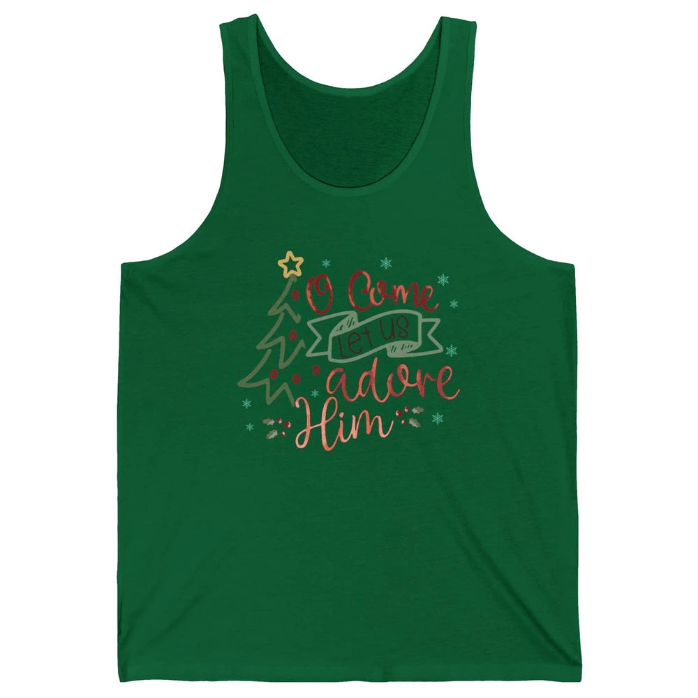 Retro Christmas Tree O Come Let Us Adore Him Christian Jesus Unisex Jersey Tank