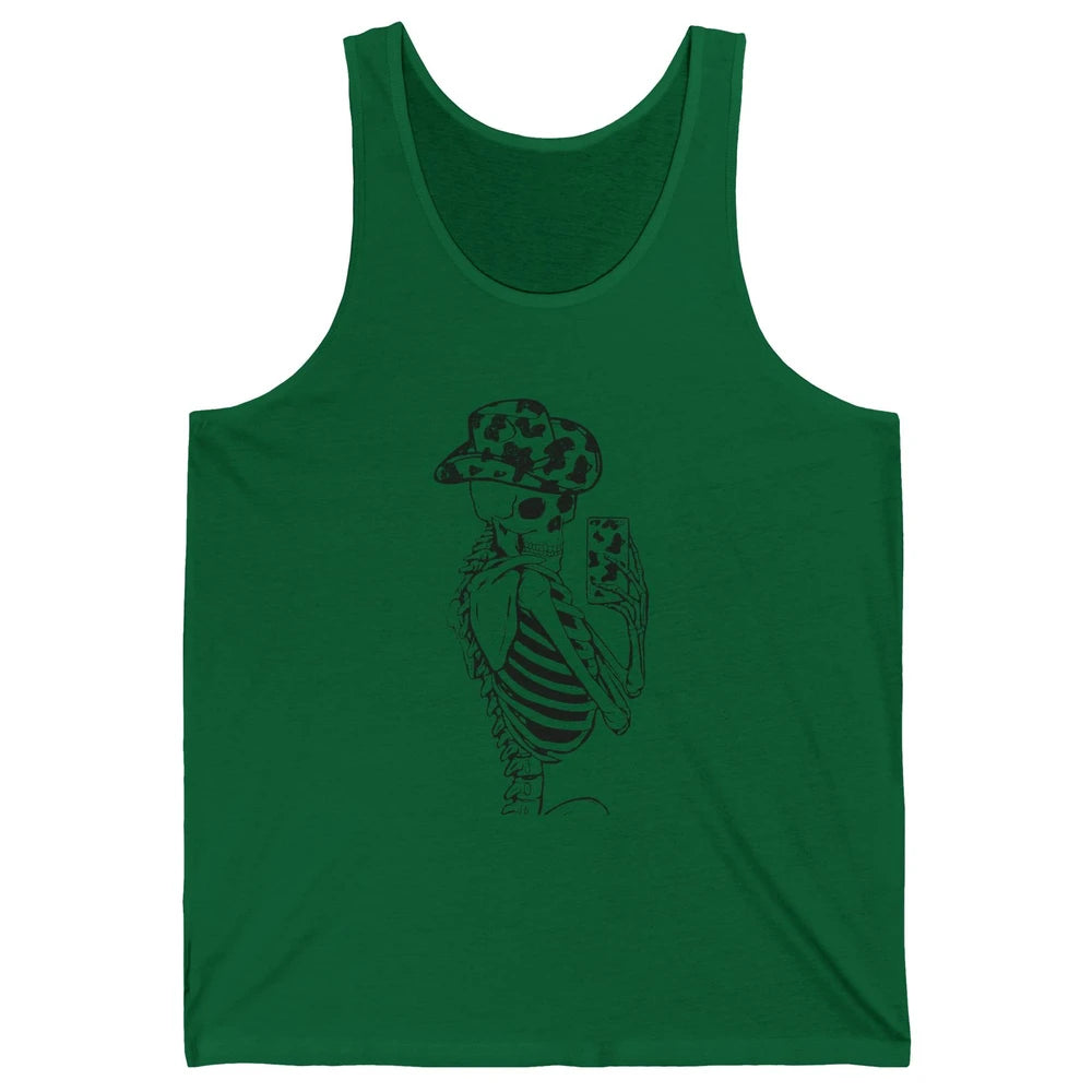 Funny Skeleton Cowgirl Selfie Cow Print Cowboy Hat Western Unisex Jersey Tank