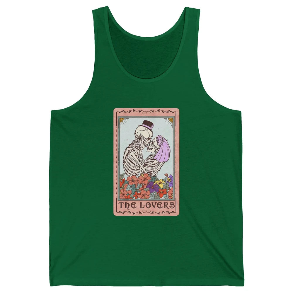 The Lovers Funny Skeleton Couple Tarot Card Vintage Valentine Astrology Goth Skull Lover Floral Heart Unisex Jersey Tank
