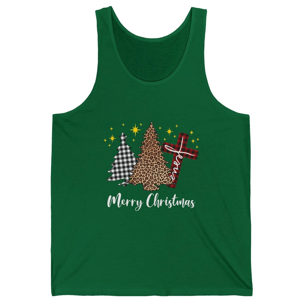 Merry Christmas Xmas Tree Cross Red Plaid Christian Leopard Unisex Jersey Tank